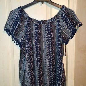 Westport Navy Floral Off-Shoulder Pom Trim Top